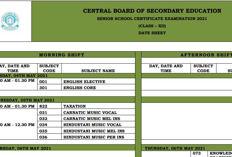 CBSE Class 12 Date Sheet 2021